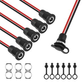 10A DC-099 Power Jack Cord Socket, 5.5x2.1MM Threaded Female Mount Connector Adapter with 5.9 Inch 18AWG Pre-soldered Wires and Waterproof Cover Cap (6 Pack)
