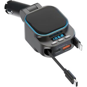 Retractable Car Charger,5 in 1 Fast Charging Car Phone Charger 96W, Car Bluetooth Adapter Radio 5.3 FM Transmitter, Handsfree Call,usbc Type c Cigarette Lighter USB C Charger for iPhone 16 15 14 13