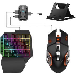 4 in 1 Mobile Game Combo Pack, One Handed Gaming Keyboard, Mouse, Converter & Adjustable Phone Stand, Half Keyboard for Mobile Phone Gaming, Fast Charging, No Latency