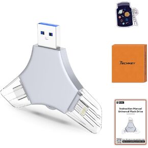 USB 3.0 Flash Drive 64gb for iPhone, 3in1 External Memory Picture Keeper Storage Stick for Photo, V5.37High Speed Thumb Drives for iPhone/iPad/Android/PC - Ash-Gray