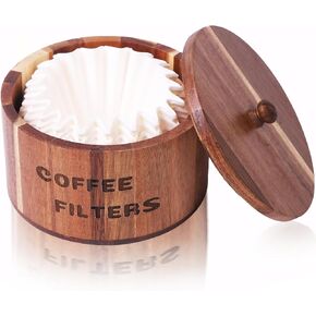 Coffee Filter Holder, Acacia Wood Coffee Filter Storage, Round Coffee Filter Container Coffee Bar Organizer, Rustic Coffee Filter Dispenser Basket For Coffee Bar Decor
