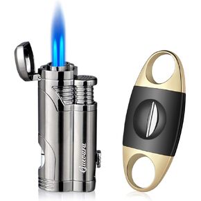 GUEVARA Cigar Cutter and Lighter Set Butane Torch Lighter with Punch Windproof Double Jet Lighters Cigar Cutter Set
