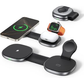 3 in 1 Charging Station for Apple Devices/Wireless Charging Sation Compatible with Magsafe Charger Stand/Foldable Wireless Charger/Magnetic Charger for iPhone 16/15/14/13/12, Apple Watch, AirPods