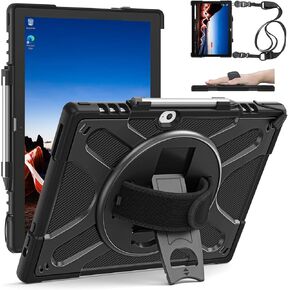 ZenRich Rugged Case for Lenovo ThinkPad X12 Gen 2 12inch 2024,Protective Case w/ [360 Rotating Kickstand] [Hand Strap][Shoulder Belt] Compatible with Type Cover Keyboard