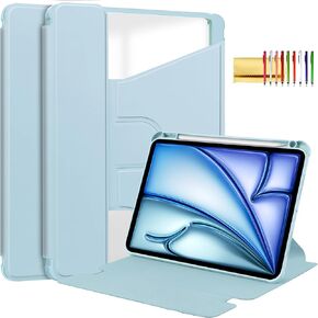 Keyboard Case for iPad Air 13-inch (M2) 2024, 360 Degree Rotating Stand Soft TPU Edge Transparent Hard Back Cover with Pencil Holder (Keyboard Not Included), Baby Blue