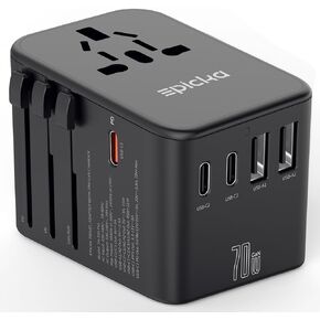 EPICKA Universal Travel Adapter, GaN International Plug Adapter with 3 USB-C 70W PD Fast Charging & 2 USB-A Adaptor All-in-one Wall Charger for USA EU UK AUS (TA-105 Pro, Black)