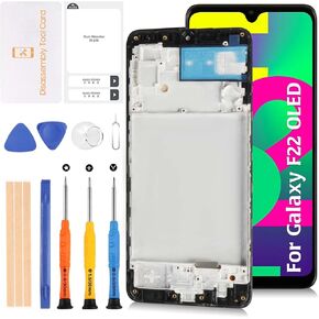 F22 E225F OLED LCD Display +Frame for Samsung Galaxy F22 SM-E225F SM-E225F/DS 6.4" LCD Screen Display Replacement Touch Digitizer Assembly Kit(Denim Black)