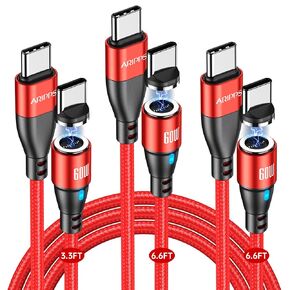 USB C to USB C Magnetic Charging Cable[3-Pack, 3.3ft/6.6ft/6.6ft], 60W/3A Fast Charging USB Type C Charger Cord Compatible with Phone 16/15 Samsung S24 Note 20 Pad Pro 11 Mbook Switch (Red)