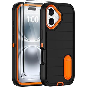 for iPhone 16 Case with 2 Screen Protectors,Heavy Duty Shockproof Drop Protection Military Grade Tri-Layer Rugged Cell Phone Cover with Built-in Invisible Kickstand for Apple 16 6.1“ (Purple)