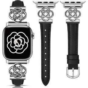Wearlizer Slim Leather Band Compatible with Apple Watch Bands Women 41/40/38/42/44/45/46/49mm, Dressy Fancy Designer Celtic Knot Thin Leather Strap for iWatch Series 10 9 Ultra SE 8 7 6 5 4 3 2 1