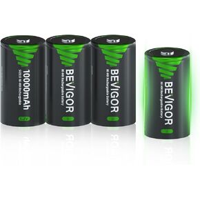 BEVIGOR Rechargeable D Batteries,4 Pack High Capacity 10000mAh NiMH D Cell Batteries, Pre-Charged,Low Self Discharge,D Battery for Radio Flashlight Clock Toy