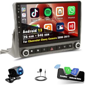 2+64G Android 13 Car Stereo for Chevrolet Chevy Camaro 2008-2015 Bluetooth Wireless Apple Carplay Android Auto Mirror Link,9" Touch Screen with GPS Navigation,FM/RDS,WiFi,SWC+ Backup Camera&MIC