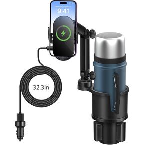 Car Wireless-Charging Cup-Holder Phone Mount - Fast Charger with Adapter, Universal 3 in1 Cup Holder Expander Phone Holder with Adjustable Base Fit All Smartphones (Black, 3.52 inches)