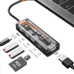 6 in 1 USB C Transparent Cyber Hub - PD 100W /USB3.0/USB2.0/SD/TF/4K@60HZ HDMI,Laptop USB Hub Multiport Adapter Suitable for MacBook, Dell, HP, Lenovo, Surface