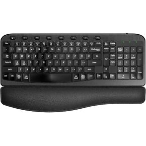 SABLUTE Ergonomic Wireless Keyboard with Cushioned Wrist Rest, Wave Keys for Comfortable Natural Typing, 2.4GHz Full Size Ergo Cordless USB Computer Keyboard, for Laptop, Mac, Windows(Matte Black)