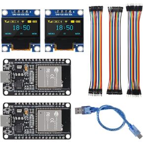 2PCS ESP-WROOM-32 ESP32 ESP-32S Development Board Type C Interface CP2102+0.96 Inch OLED I2C IIC Display Module 12864 Pixel SSD1306 OLED Screen Board with 30pcs 20cm Dupont Wire for Arduino