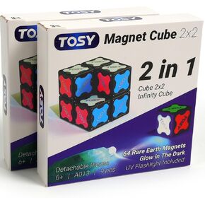 TOSY Magnet Cube 2x2 - 64 Magnets, 8 Building Blocks, 2 in 1 Toy: 2x2x2 Puzzle Cube and Customizable Infinity Cube, Glowing, UV Flashlight Accessory, Fidget/STEAM Toy, Easter Birthday Gift, 2-Pack
