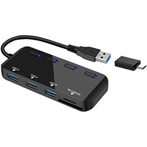 USB 3.0 Hub Multi USB Port HUB with SD/Micro SD Card Reader, 3 Ports USB Splitter for Laptop, PC, Surface Pro, Mac, with USB-C Adapter