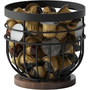 SODSAI Coffee Pod Holder with Wooden Base, Metal Wire Basket K Cup Organizer for Counter, Coffee Pods Storage Rack, Black Iron K Cup Holder for Kitchen or Coffee Bar