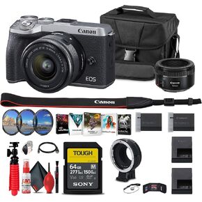 Canon EOS M6 Mark II Mirrorless Digital Camera with 15-45mm Lens (Silver) + Canon EF-M Lens Adapter + Canon EF 50mm Lens + 64GB Tough Card + Case + Filter Kit + More(Renewed)