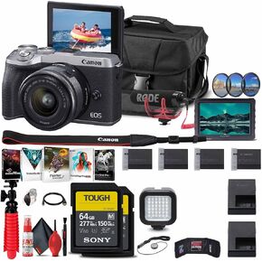 Canon EOS M6 Mark II Mirrorless Digital Camera with 15-45mm Lens (Silver) + 4K Monitor + Pro Mic + 2 x 64GB Tough Card + Case + Filter Kit + More(Renewed)
