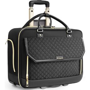 Rolling Laptop Bag, Water Resistant Briefcase for Women with Wheels, 17.3 Inch Computer Bags with Leather Handle, Roller Teacher Bag for Work Business, Flight Approved, TSA Friendly, Black