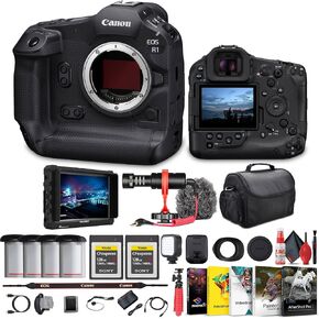 Canon EOS R1 Mirrorless Camera - 24MP, Full-Frame Stacked BSI CMOS Sensor + 4K Monitor + 2 x 128GB CFexpress Card + Bag + Photo Editing Software + 3 x LPE-19 Battery + LED Light + More (Renewed)