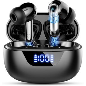 Wireless Earbuds, Bluetooth 5.3 Headphones Bass Stereo, 48Hours Playtime, 4 ENC Mic Clear Calls, Noise Cancelling Ear Buds with LED Display Charging Case,IPX7 Waterproof Earphone for Android iOS Black