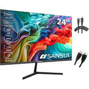 SANSUI 24 Inch Monitor with Built-in Speakers, USB Type-C 100 Hz FHD 1080P Monitor，HDMI DP HDR10 Game RTS/FPS Tilt Adjustable VESA Compatible for Working Gaming(ES-24X3 Type-C & HDMI Cable Included)