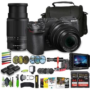Nikon Z30 Mirrorless Camera with 16-50mm and 50-250mm Lenses + 3x ENEL25 Replacement Battery + LED Light + 2x Extreme PRO 64GB Card + UV Filter + Photo Editing Software + Mic + External Monitor + More