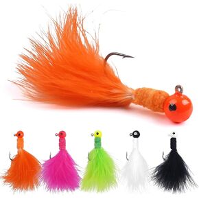 Crappie Jig Fishing Fishing ، 30 قطعة Marabou ريشة رأس الخطافات Bucktail Jig الصيد الدعال ذبابة الجليد مربحة يدويًا