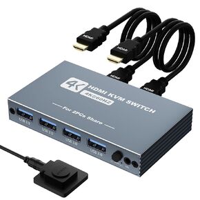 KVM Switch 1 Monitors 2 Computers, 4K@60Hz KVM Switch, USB3.0 Switch, KVM Switches for 2 Computers Sharing Monitor Keyboard Mouse Printer, Included 2 HDMI Cables 2 USB Cables and Controller (Gray)