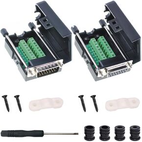 DB15 Solderless Connector 15Pin D-SUB Serial Adapters Male Female Terminal Signal Breakout PCB Board 2 Row with Case Screwdriver Wire Cover (2PCS)