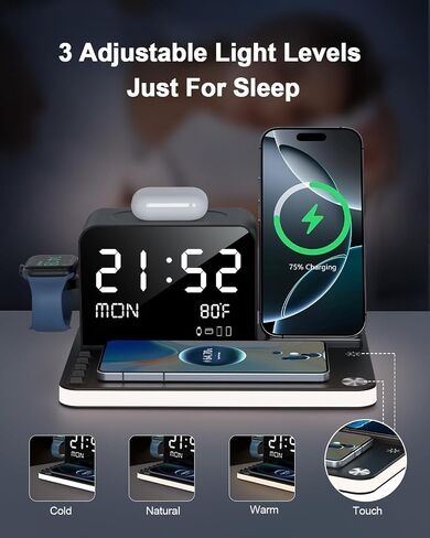 7 in 1 Wireless Charging Station, Fast Charger Station with Dual Phone, Bluetooth TimeSync, Temperature, Touch Night Light,33W Adapter for Phone 16/15/14/13/12 All Series & iWatch in Saudi Arabia