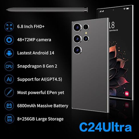 هاتف C24 Ultra Unlocked ، 8GB+256GB MEMORY Android 14.0 الهاتف الذكي ، 6.8 "HD الهاتف الخليوي ، 6800mAh Battey/Octa Core CPU/Face ID/GPS/Dual Sim 5G الهاتف (أسود) in Kuwait