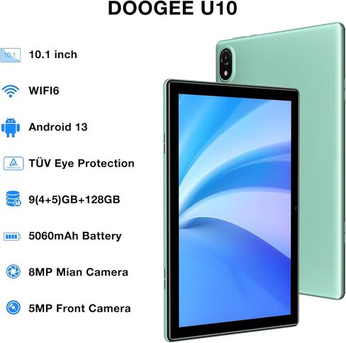 Doogee 10 بوصة الكمبيوتر اللوحي ، Android Tablet U10 مع ذاكرة RAM 9GB 128GB ROM ، WIFI 6 Android 13 جهاز كمبيوتر لوحي مع 5060mAh ، الكاميرا المزدوجة ، Widevine L1 ، Tüv Eye Protection ، BT5.0 ، 2 سنوات ضمان - 2024 in Kuwait