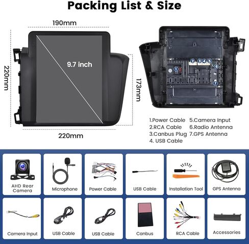 9.7 بوصة راديو سيارة لـ Honda Civic 2012 2013 2014 2015 ، Car Stereo Wireless Carplay Android Auto ، Android 13 System ، 2+64GB ، شاشة تعمل باللمس Radio Car Radio GPS WiFi SWC AHD Camera in Kuwait