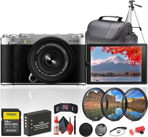 كاميرا Fujifilm X-M5 بدون مرآة مع عدسة XC 15-45 مم في Silver (16900771) حزمة بما في ذلك: 64 جيجابايت بطاقة ذاكرة ، بطارية قابلة لإعادة الشحن ، مجموعة مرشح من 3 قطع ، ترايبود ، حالة الكاميرا ، مجموعة التنظيف الكاملة in Kuwait
