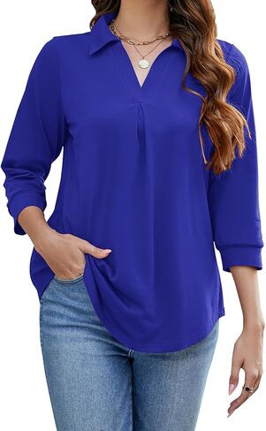 قمصان عمل نسائية من Bluetime كاجوال برقبة على شكل حرف V وأكمام 3/4، بلوزات عمل مكتبية، بلوزات فضفاضة مناسبة (M-3XL) in Kuwait