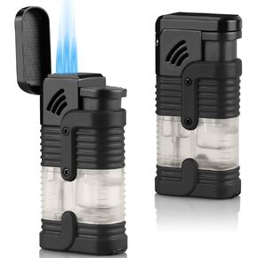 2 Pack Torch Lighter Triple Jet Flame Butane Torch Lighters Refillable Butane Gas Lighter Windproof Adjustable 3 Flame Lighter Gift for Men and Women(Black+Black,Without Gas)