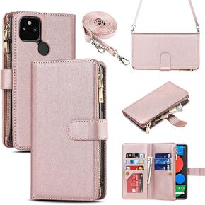 iCoverCase for Google Pixel 5a 5G Wallet Case with Card Holder, Kickstand Feature PU Leather Case with Adjustable Crossbody Lanyard Magnetic Clasp Zipper Pocket Flip Cover (Rose Gold)