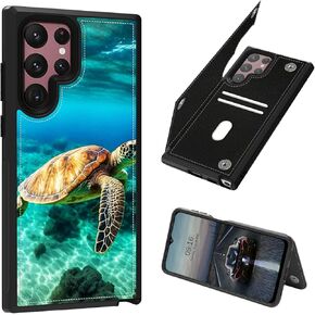 Sea Turtle Wallet Case for Samsung Galaxy S23 Ultra,for Samsung S23 Ultra Case PU Leather Stand Kickstand Shockproof Wallet Cover with Card Holder & RFID Protection for Women Men