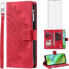 Phone Case for Motorola Moto G Power 5G 2023 Wallet Cover with Tempered Glass Screen Protector and Wrist Strap Mandala Flower Flip Zipper Credit Card Holder Slot Cell GPower G5 Women Men Red