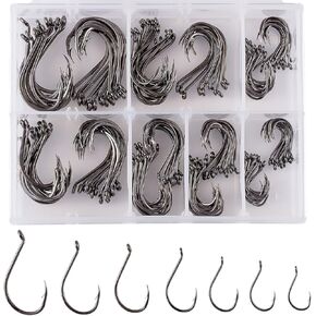 BASSDASH 175 Pieces Octopus Offset Fishing Hooks Assortment in Hook Sizes 6/0, 4/0, 3/0, 2/0, 1/0, 1, 2, for Saltwater Freshwater, Tackle Box