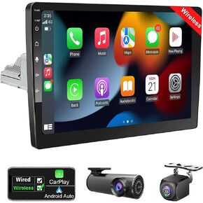 Single Din Touchscreen Car Stereo Wireless CarPlay Wireless Android Auto,10 Inch Detachable QLED Car Radio Android Audio Receiver with GPS Navigation Bluetooth WiFi Backup Camera Front Dash Cam in Kuwait