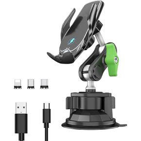 Wireless Car Charger Mount,15W Fast Charging Car Phone Holder, Auto-Clamping Phone Wireless Car Charger,360° Rotating Universal Ball Head Arm for Phone Windshield Dashboard Mount for Smartphones Black