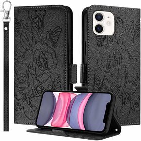 JanCalm for iPhone 11 Phone Case Wallet,[RFID Blocking][Card Cash Slots][Wrist Strap] Floral Butterfly Cute Pattern Leather Protective Stand Flip Cases Cover for iPhone 11 (Black)