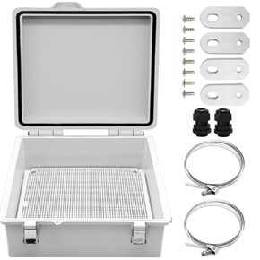 Grey Waterproof Electrical Box (330 * 330 * 130mm), Plastic Junction Wire Case with Lock(13"*13"*5.1") for Outdoor Electrical Projects with 2 NPT 1/2" Glands and Adjustable Clamp*2