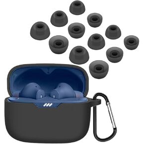 for Tune 230NC TWS Case Ear Tips Set, Silicone Shockproof Protective Skin Cover with Carabiner and 6 Pairs Replacement Eartips Accessories Compatible with JBL Tune 230NC TWS Black