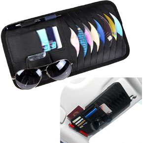 Pack-1 Car Sun Visor CD Storage Clip, 11.8" x 6.29" Multi-Pocket Genuine Leather Anti-acratch CD Protective Bag, Multi-Function Sunglasses Pen Organizer, Universal for Most Cars (Black)